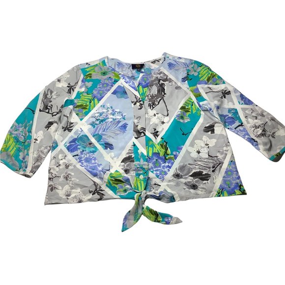 Adrienne Vittadini L Top Blouse Peasant Boho Floral Blue Button Tie Front - Picture 10 of 13
